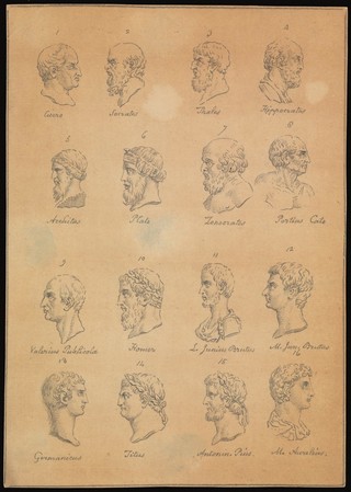 Sixteen portraits of classical poets and thinkers. Drawing, c. 1789.