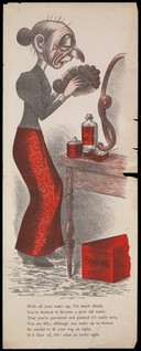 A woman who has lost her hair is standing in front of a mirror with a wig in her hands, there are bottles and potions on the table by her and a box on the floor at her feet. Colour lithograph, 18--.