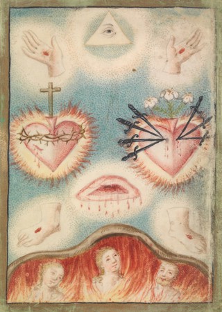 Souls in purgatory, looking up at the wounds of Christ and at the Sacred Heart and the Immaculate Heart. Watercolour.