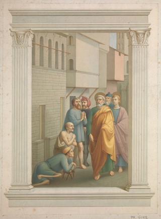The sick and lame bend before the apostle Peter, hoping for cure. Coloured lithograph, 1863, after Masaccio.
