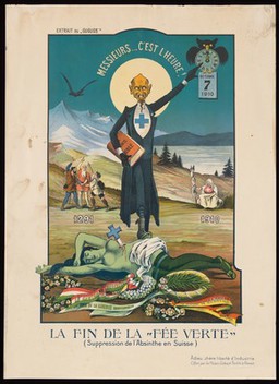 An evil man, representing medicine and religion (?), gloats over the death of the freedom of the individual in Switzerland to consume absinthe, represented as a green woman stabbed by a cross. Colour lithograph after A.-H. Gantner, 1910.
