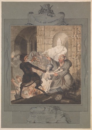 A monk and a statue of Saint Patrick trying to prevent the devil from snatching the corpse of a witch from its grave. Watercolour by E. Bell, 1804.