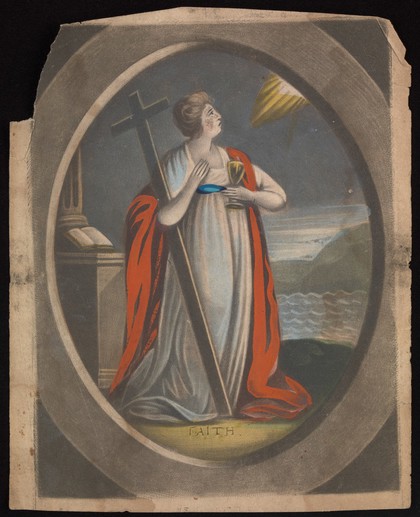 A woman personifying faith, by the sea, holding a cross and a chalice. Coloured mezzotint, 17--.