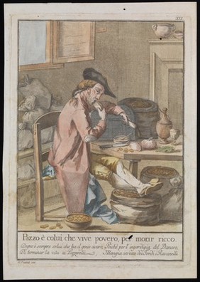 A rich miser eating humble food. Coloured etching after G. Piattoli, c. 1800.