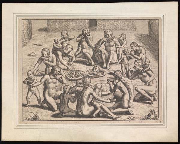 Brazil: Tupinamba Indians as cannibals enjoying a feast. Etching by T. de Bry.