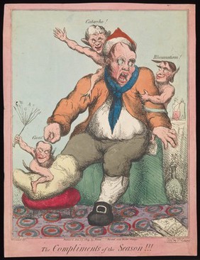 A decrepit man screaming in pain from gout, rheumatism and catarrh; represented as three tormenting devils. Coloured etching by J. Cawse, 1809, after G.M. Woodward.