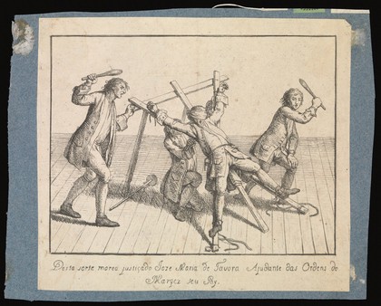 Joze Maria de Távora tied to a rack and beaten with cudgels. Etching, ca. 1760.