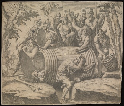 Marcus Atilius Regulus placed in a barrel lined with iron spikes with soldiers fitting more nails on the barrel and closing the lid. Line engraving after Giulio Romano, 1560.