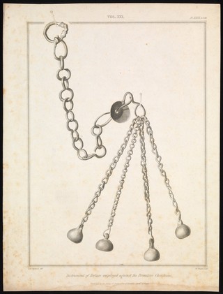 A short-handled flail (weapon) with four metal chains ending in metal weights. Engraving by J. Basire after R. Stothard, 1827.