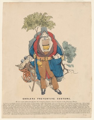 A figure dressed in a cholera safety suit. Coloured etching after J. Petzl (?), ca. 1832.