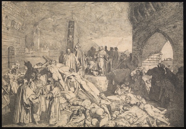 The plague of Florence in 1348, as described in Boccaccio's Decameron. Etching by L. Sabatelli.