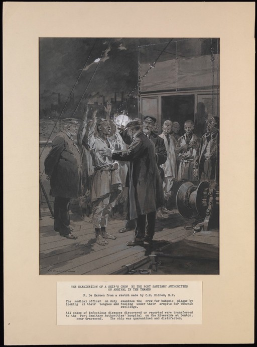 A medical officer examining a ship's crew for bubonic plague on arrival in the Thames. Watercolour drawing by F. de Haanen, 1905, after C.E. Eldred