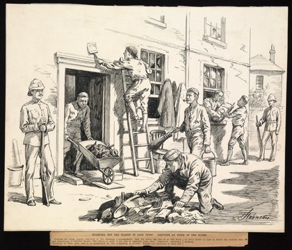 Plague in Cape Town: convicts cleansing and disinfecting infected buildings. Drawing by H. Johnson, 1891.