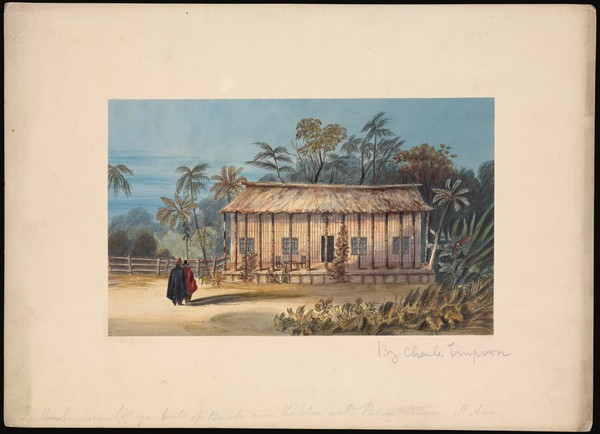 Colombia: a cottage built of bamboo. Coloured etching by C. Empson, 1836.