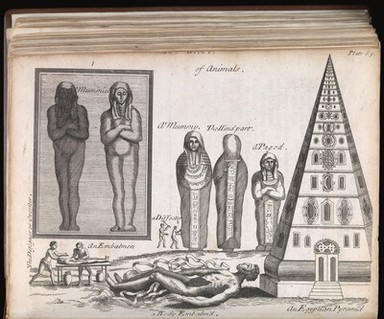 Plate showing different types of mummies and the mummification process