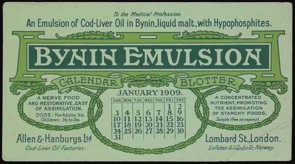 Desk blotter advertising Bynin Emulsion, Allen & Hanburys Ltd., 1909.
