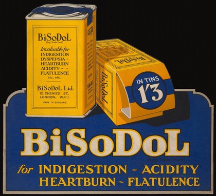 Showcard advertising Bisodol, Bisodol Ltd., 1930s. 