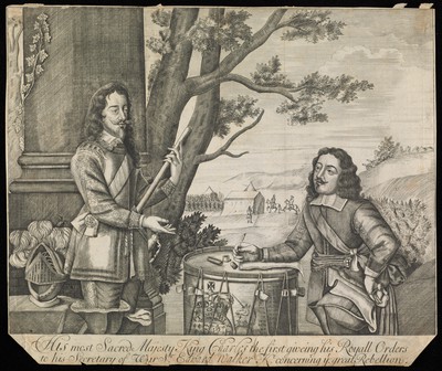 King Charles I giving orders to Sir Edward Walker during the English Civil War. Engraving, 1705.