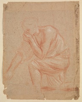 A man holding his nose to avoid breathing in a miasma. Drawing.