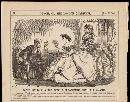 A young lady, love-struck after a military ball, visited by her doctor at her mother's request. Wood engraving by John Leech, 1863.