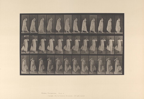 A woman walking wearing a diaphanous gown. Collotype after Eadweard Muybridge, 1887.