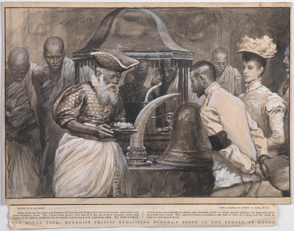 Kandy, Sri Lanka: the Duke and Duchess of Cornwall at the shrine of the tooth of the Buddha. Gouache by H. M. Paget, 1901, after S.P. Hall.
