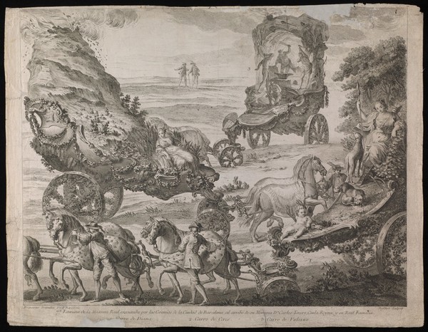 Masque in honour of King Charles III of Spain: three chariots carrying pagan deities of the moon, the earth and fire. Etching by A.J. Defehrt after F. Tramullas, 1764.
