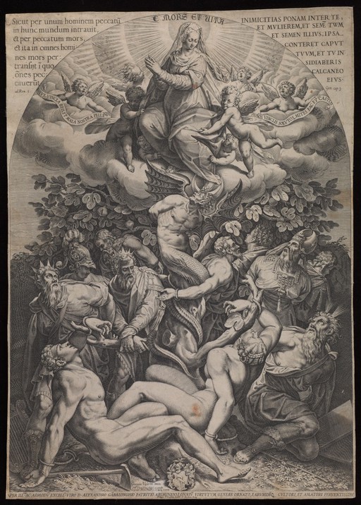 The Immaculate Conception: the Virgin Mary descending to earth and triumphing over the serpent; underneath figures from the Old Testament bound by the serpent and chains of sin. Engraving by Philippe Thomassin after Giorgio Vasari.
