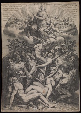 The Immaculate Conception: the Virgin Mary descending to earth and triumphing over the serpent; underneath figures from the Old Testament bound by the serpent and chains of sin. Engraving by Philippe Thomassin after Giorgio Vasari.