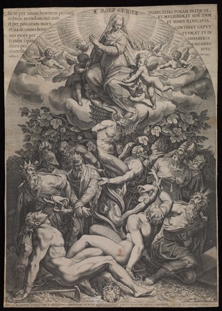 The Immaculate Conception: the Virgin Mary descending to earth and triumphing over the serpent; underneath figures from the Old Testament bound by the serpent and chains of sin. Engraving by Philippe Thomassin after Giorgio Vasari.