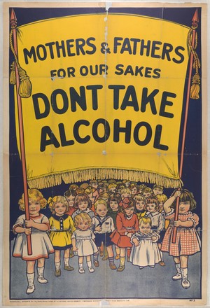 view Children demonstrating against alcohol. Colour lithograph, 189-.