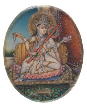 Saraswati, the Hindu goddess of learning and knowledge and the wife of Brahma. Gouache painting by an Indian artist.