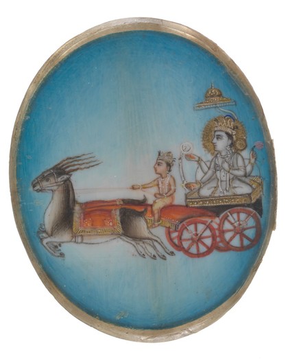 Chandra, the moon god, riding on a chariot pulled by two deer. Gouache painting by an Indian artist.