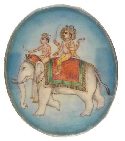 Indra, the god of thunder and lightning, riding on a white elephant. Gouache painting by an Indian artist.
