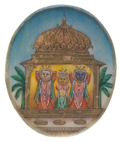 Balarāma, Subhadrā and Lord Jagannāth from left to right. Gouache painting by an Indian artist.