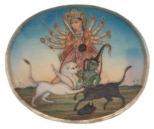 view Durga slaying the buffalo demon, Mahishasura. Gouache painting by an Indian artist.