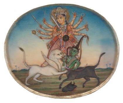 Durga slaying the buffalo demon, Mahishasura. Gouache painting by an Indian artist.