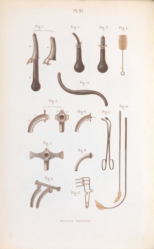view Plate XI, Surgical instruments used for laryngotomy and tracheotomy.