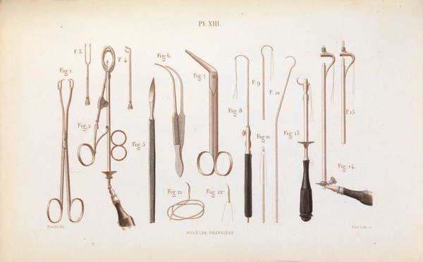 Plate XIII, Surgical instruments used on the tonsils and soft palate.