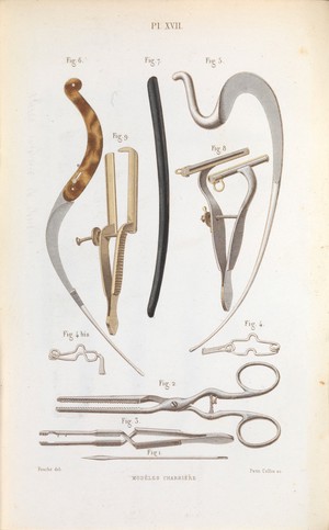 view Plate XVII, Surgical instruments used to treat phimosis (tightening of the foreskin), anal fistulas, and haemorrhoids.