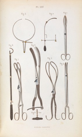 Plate XXV, Surgical instruments used for obstetrics.