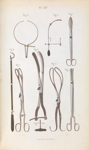 view Plate XXV, Surgical instruments used for obstetrics.