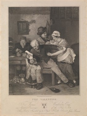 A Valentine message sent to a young woman is seized by a man: she and two other people laugh as the message is read out. Etching by J. Burnet, 1820, after his painting.