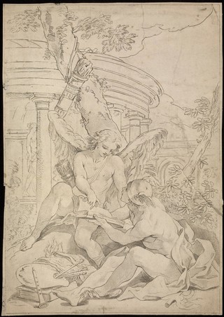 Cupid and Mercury (Hermes). Etching after B. Luti, 17--.