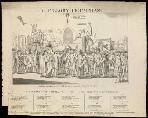 John Williams, a bookseller stands in the pillory in the Palace Yard, Westminster, surrounded by a cheering crowd. Engraving with ten verses in five columns below, 1765.