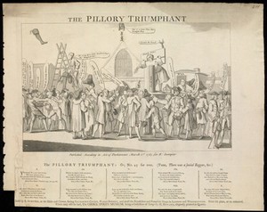 view John Williams, a bookseller stands in the pillory in the Palace Yard, Westminster, surrounded by a cheering crowd. Engraving with ten verses in five columns below, 1765.