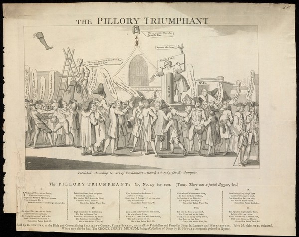 John Williams, a bookseller stands in the pillory in the Palace Yard, Westminster, surrounded by a cheering crowd. Engraving with ten verses in five columns below, 1765.