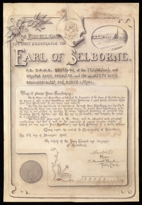 Address to the Earl of Selborne from the town of Heidelberg, Transvaal. Wash drawing and manuscript, 1905.