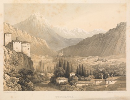 Philiates (Filiates), Albania (subsequently Greece): the town and surrounding mountains. Colour lithograph after G.D. Beresford, 1855.