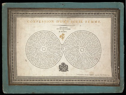 A silk handkerchief printed with a description of an erotic encounter with the words in the form of breasts. Mixed media, 1802, after E. Parny.